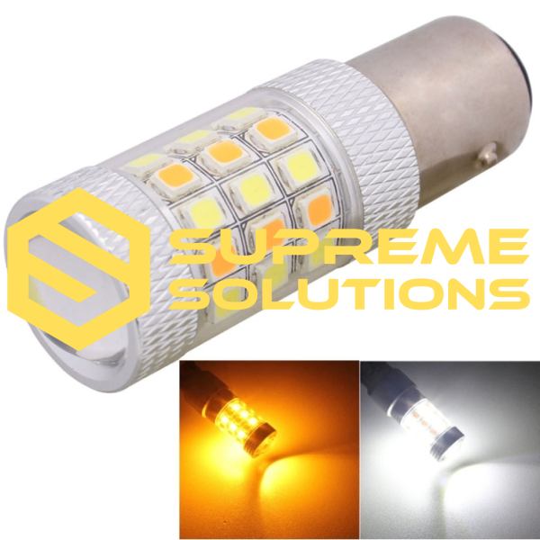 1157 LED Bulb White/Yellow – 12–28V P21/5W, Dual-function, CANBUS compatible