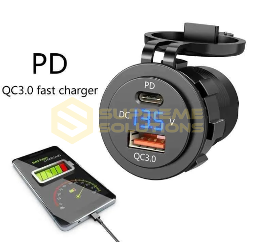 Автозарядка 12–24V USB QC 3.0 + USB-C PD з індикатором напруги