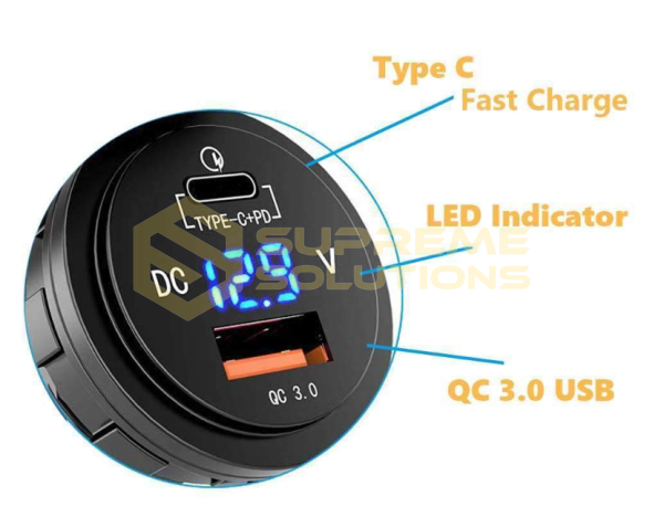 Автозарядка 12–24V USB QC 3.0 + USB-C PD з індикатором напруги