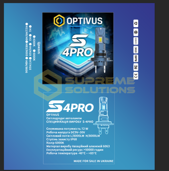 Світлодіодна лампа OPTIVUS S-4 PRO H7 36W 10000LM 6000K