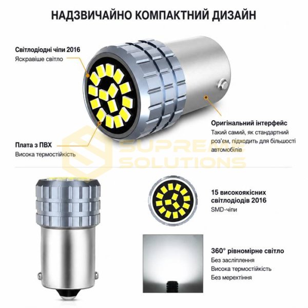 Світлодіодна LED лампа OPTIVUS 1156 BA15s P21W 12V 2016-15SMD Білий