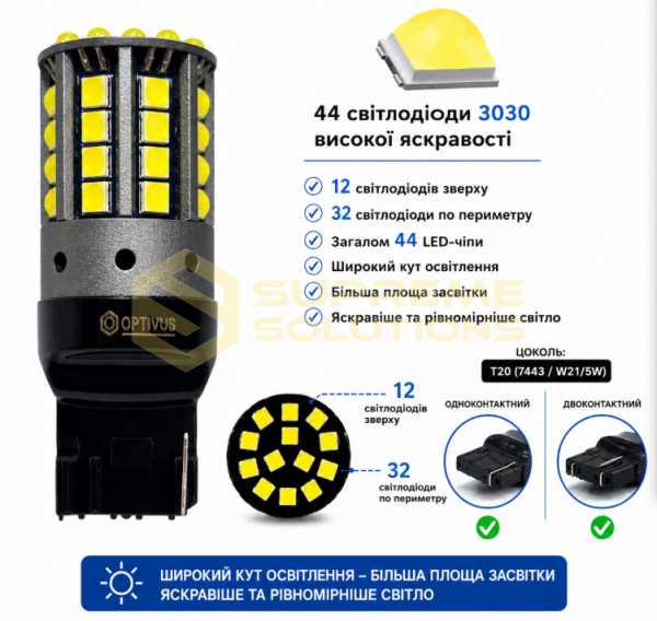 Світлодіодна LED лампа 7443 W21/5W 3030-44SMD CREE 28W CANBUS Двоконтактна Біла OPTIVUS